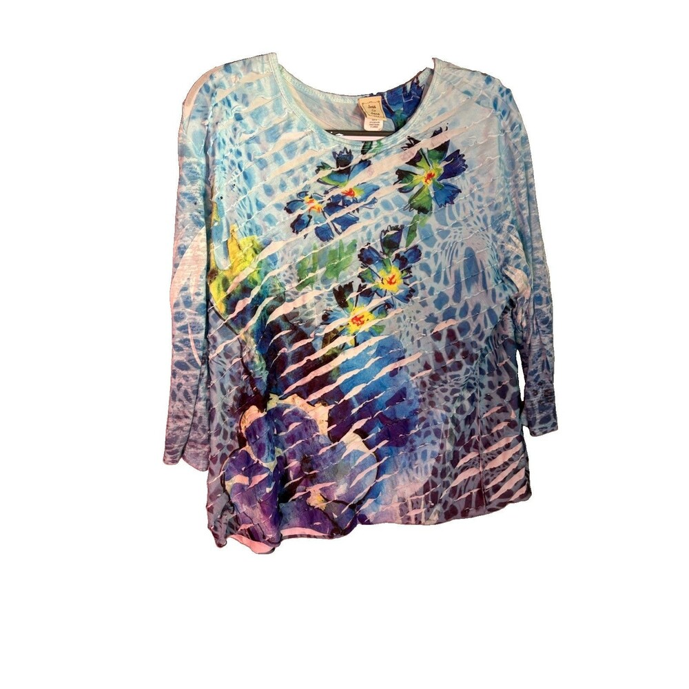 Jess & Jane XL Blue Floral Knit Tunic Top Ruffle 3/4 Sleeve Stretch Artsy Boho